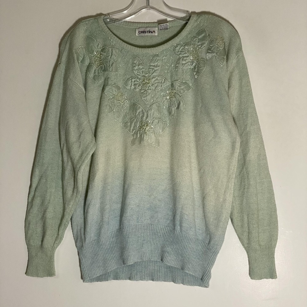 Cristina Sweater Womens XL Green Ombre Floral Beaded Sequin Lace Knit Vintage